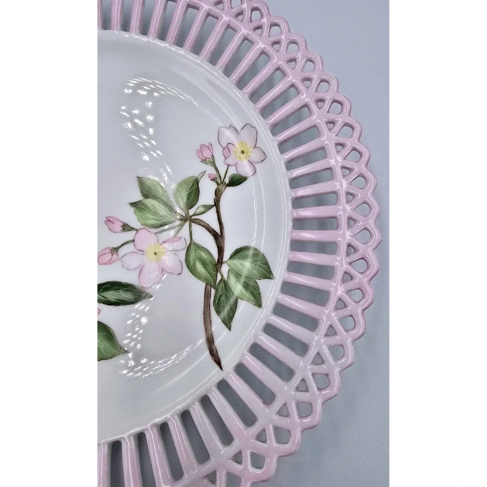 Pink Reticulated Pierced Lattice Rim Porcelain Plate Pink Crab Apple Blossoms 9